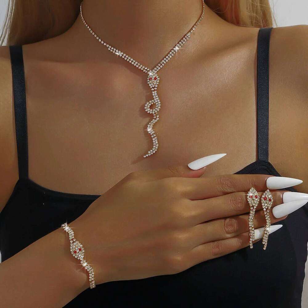 European and American popular jewelry with rhinestone snake shaped necklace, bracelet, earrings, four piece set for women Z260313