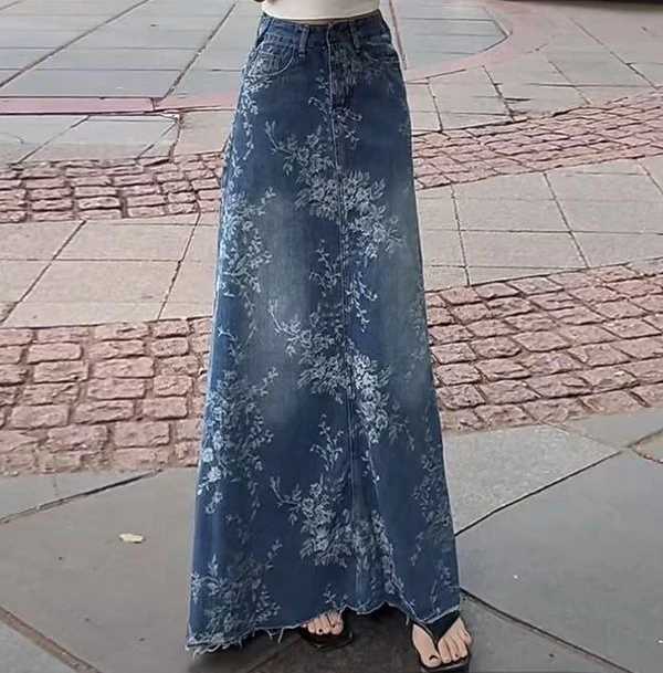 Floral Denim Midi Skirt for Women in Summer Thin and High Waisted A-line Long Skirt Loose and Slimming Big Swing Skirt M260314