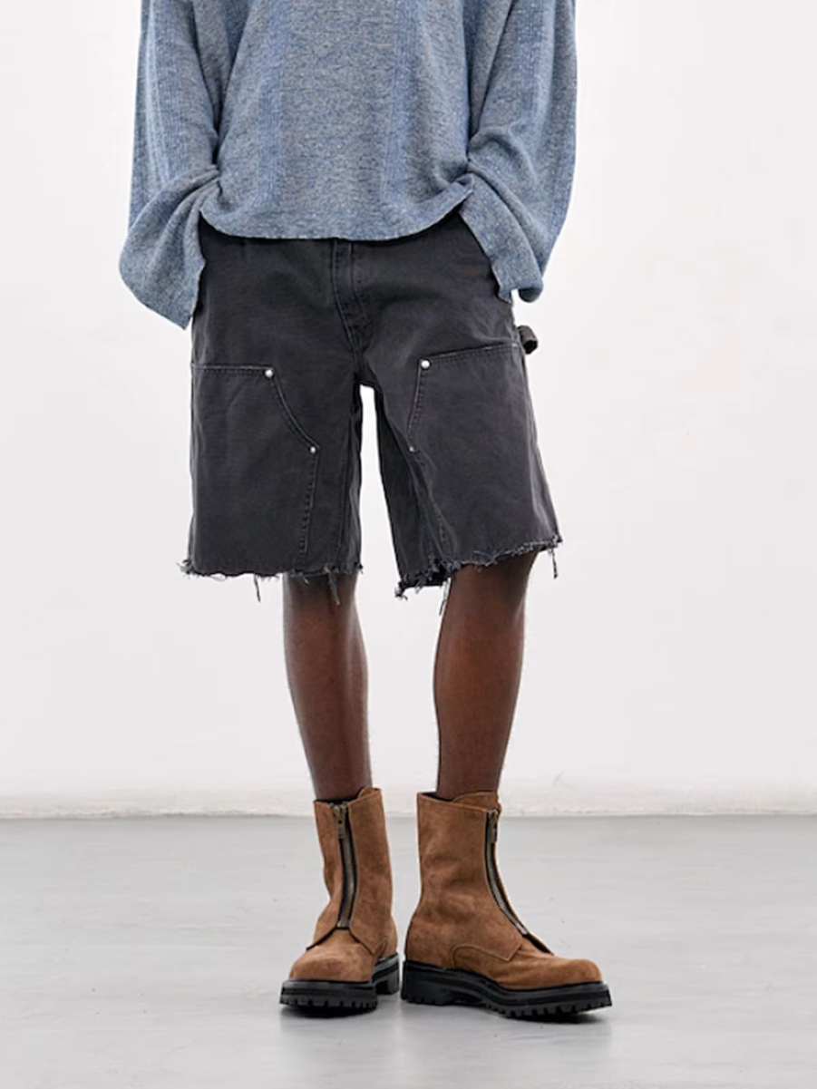 MIJKO Unisex Work Shorts Spring Summer Rivet Pocket Logger Cat Whisker Fuzzy Edge Cuff Trendy for Men And Women TJ174