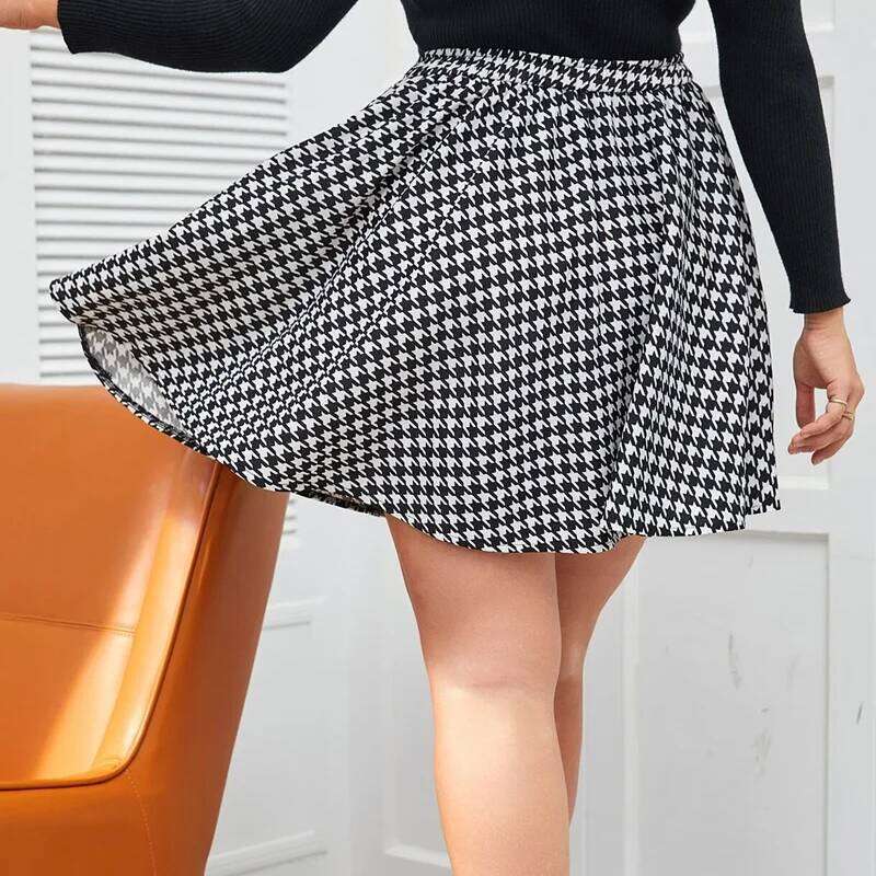 Plus Black And White Houndstooth Print Summer Elegant Flared Women Elastic Waist Casual Mini Skirt Large Size 6XL 7XL Z260314