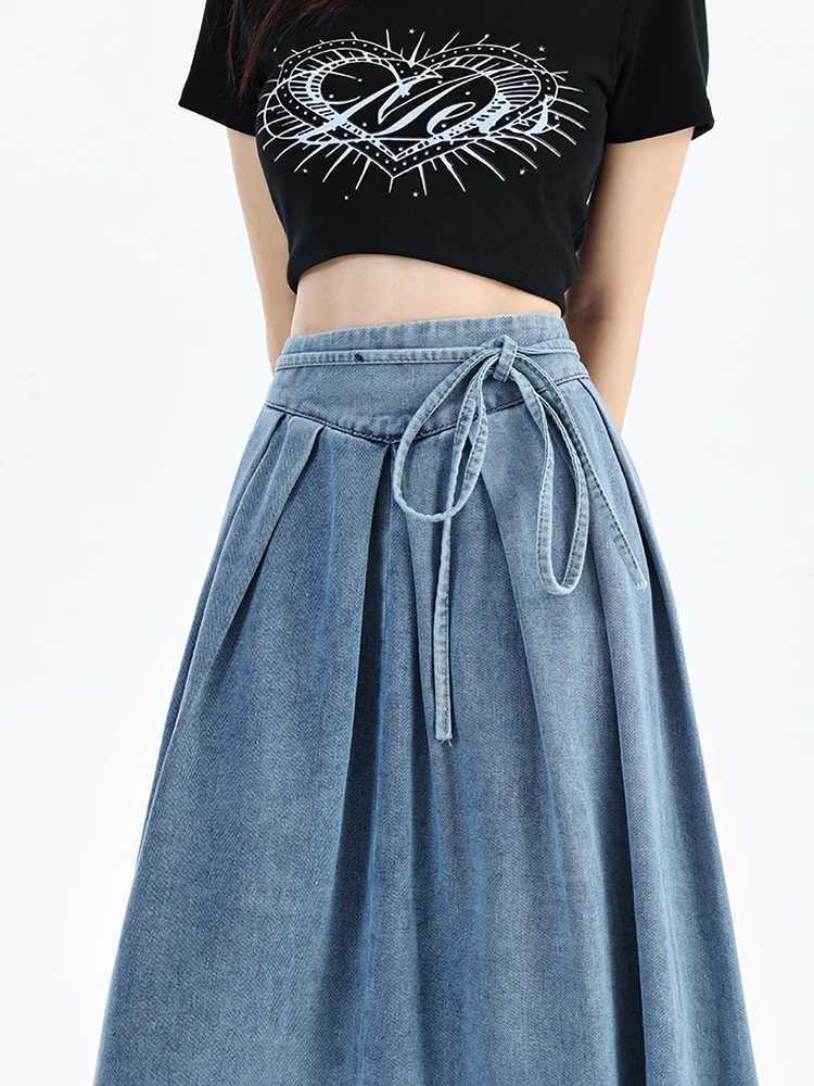 Autumn 2024 New High Elastic Waist Long Denim Skirt For Women Korean Style Streetwear Lace-up Blue Maxi Jeans Skirts Female M260314