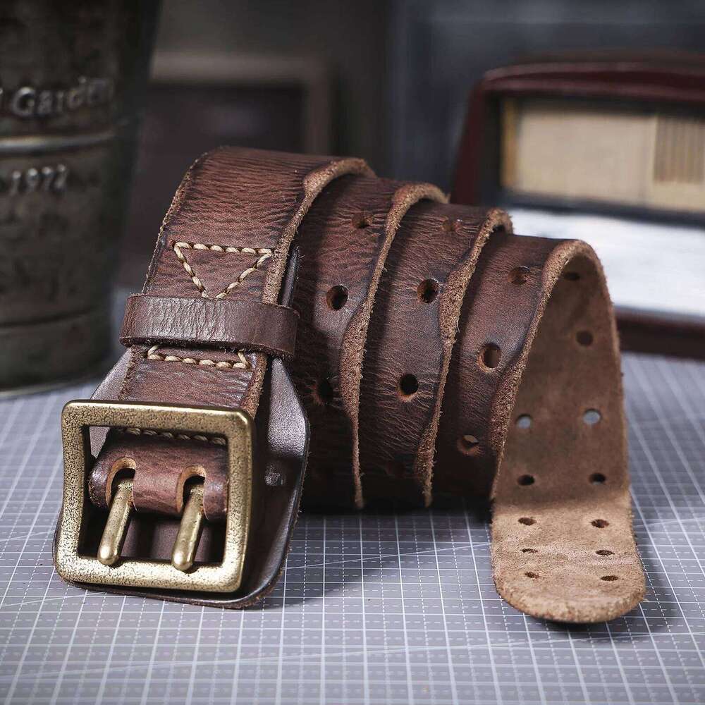 Vintage Genuine Leather Men's Copper Buckle, Handmade Casual Double Pin Buckle Belt With Gift Box, Thickened Top-layer Z260226