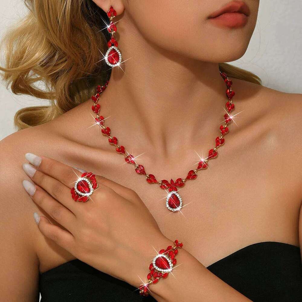 Cross border European style full diamond drip earrings necklace bracelet ring wedding dress banquet versatile set for women Z260313