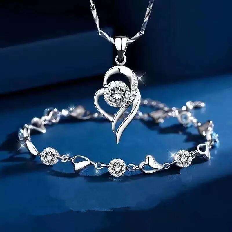 925 Sterling Silver Heart Shaped Necklace Bracelet for Women girls Retro Korean Blue Crystal Jewelry Set Original Party Gift Z260313