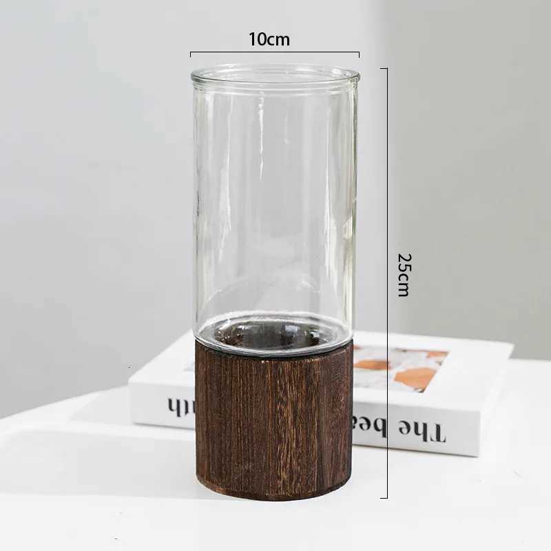 Minimalist Glass Vase with Wooden Base for Hydroponic Plants Retro Modern Tabletop Floral Arrangement Home Decoration European Y260314