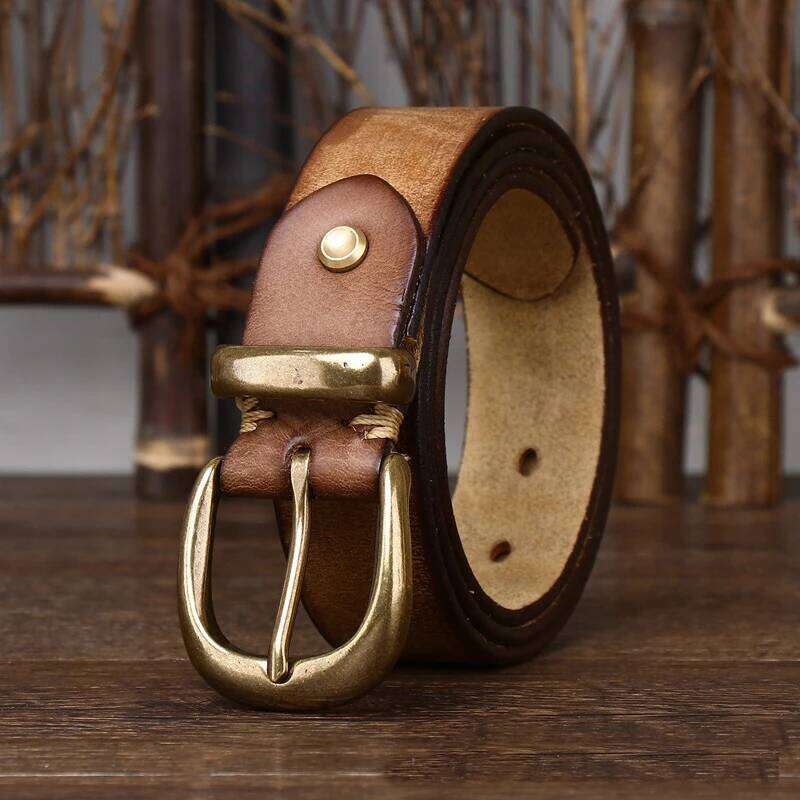 Unisex 3.3cm Men and Women Real Genuine Leather Vintage Female Luxury Copper Buckle Belt Male High Quality Jeans Strap Z260226