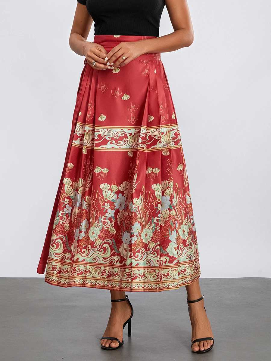 Women s Horse Face Skirt EleGant Phoenix Character Flower Print Pleated Tie Up A-Line Long Swing Skirt Clothing M260314