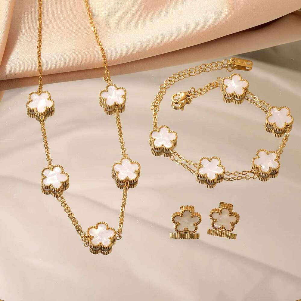 LUXUKISSKIDS Fashion Flower Necklace Earrings Set Women Stainless Steel White Shell Clover Bracelet Jewelry Accessories Z260313