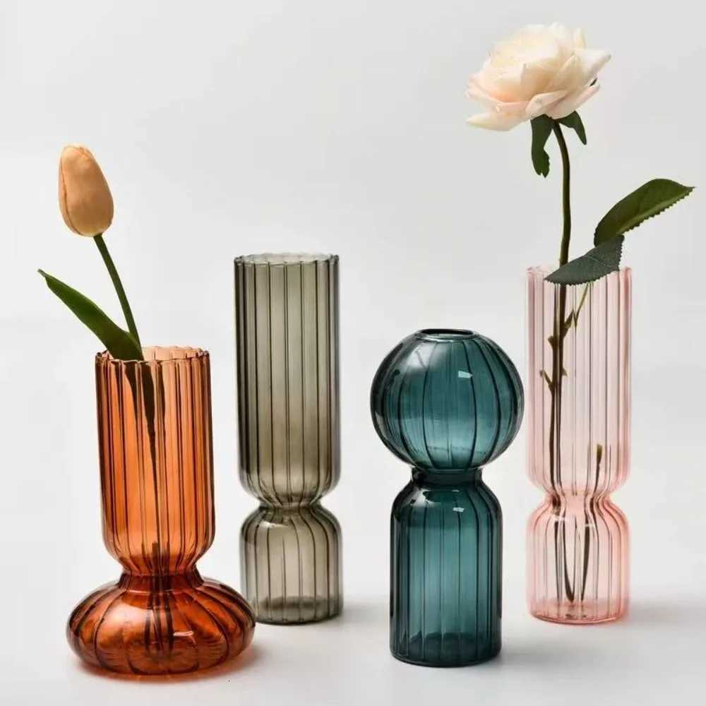 Nordic Creative Striped Colorful Vase Fashion Retro Glass Vase Decoration Ornament Hydroponic Vase for Home Office Decoration Y260314
