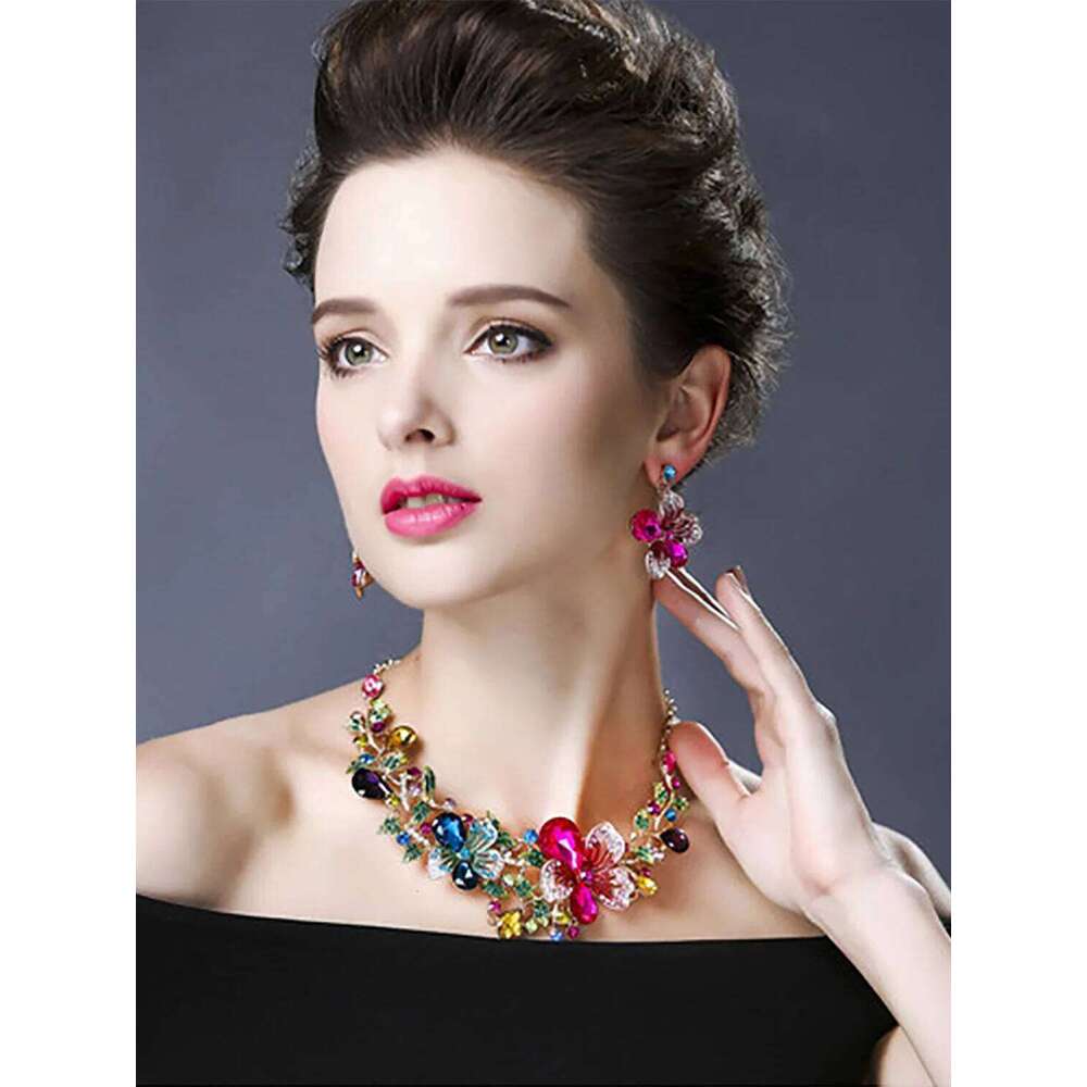 Fashion Bauhinia Flowers Crystal Set Multicolor Earrings with Matching Wedding Necklace Women Jewelry Z260313