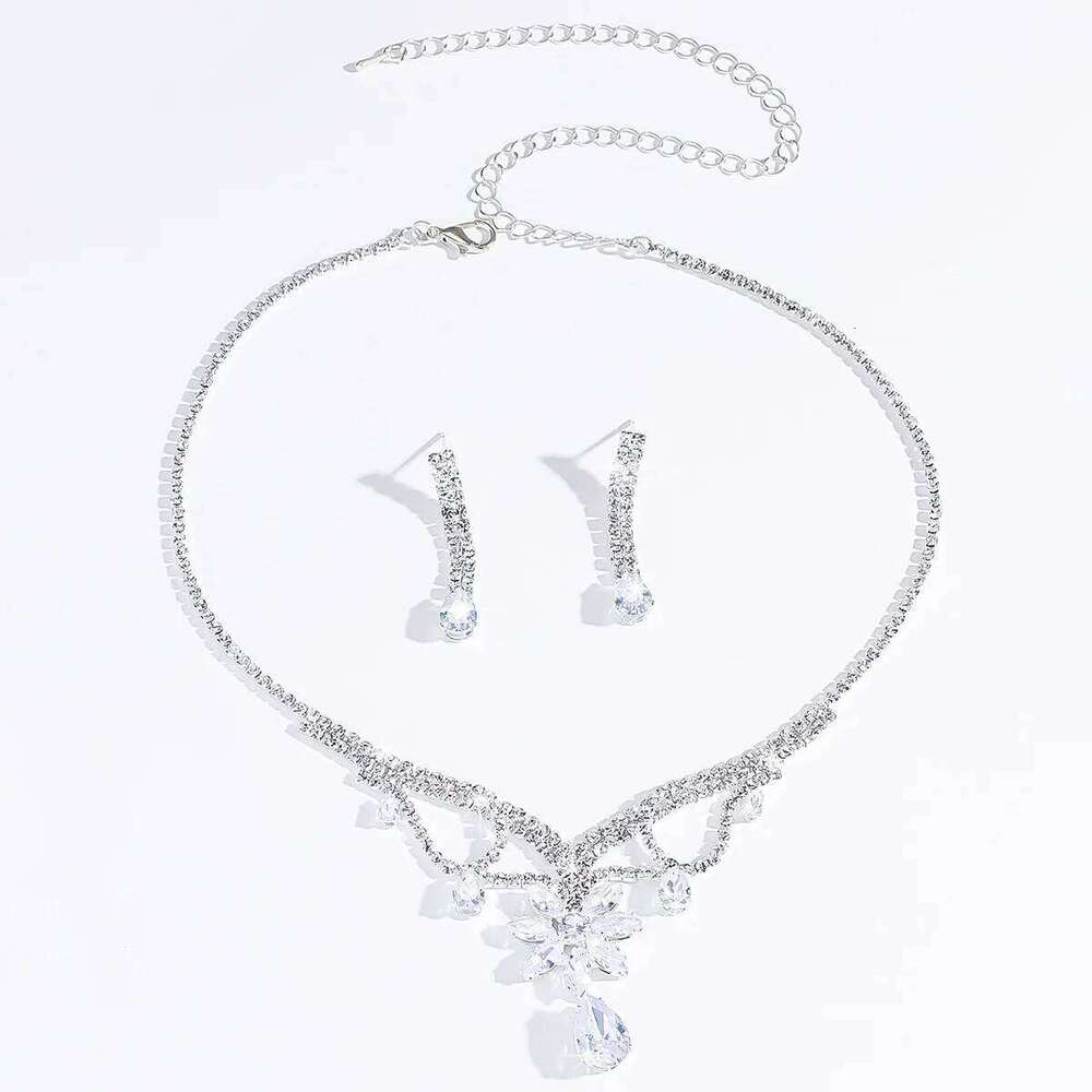 Women's Fashion Water Diamond Flower Droplet Pendant Necklace Earring Set, Design inspired First Jewelry Z260313