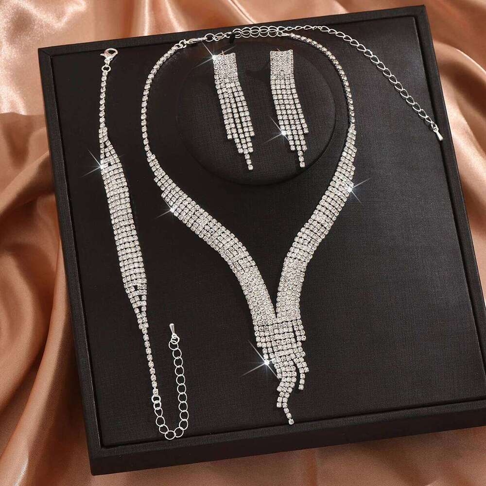 Fashionable tassel sparkling rhinestone necklace earring set, light luxury style high-end jewelry set Z260313