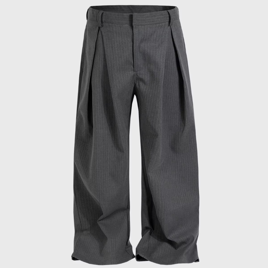 MIJKO Unisex Casual Pants Vertical Stripe Design Folded Straight Leg Gray Suit for Men And Women C923