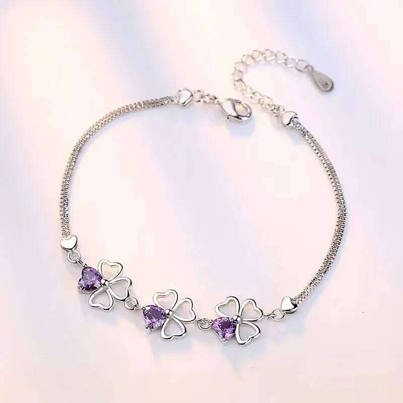 NEW fine 925 Sterling Silver Purple crystal Lucky Clover Bracelets for women fashion party wedding accessories Jewelry 17CM+4CM Z260313