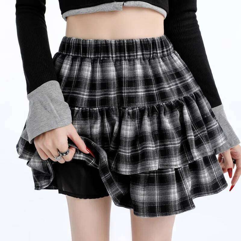 Plaid Mini Skirts Women Autumn Winter Color-block Tierred Ruffles Elastic Waisted A-line Cake Skirt Streetwear Korean Style Z260314