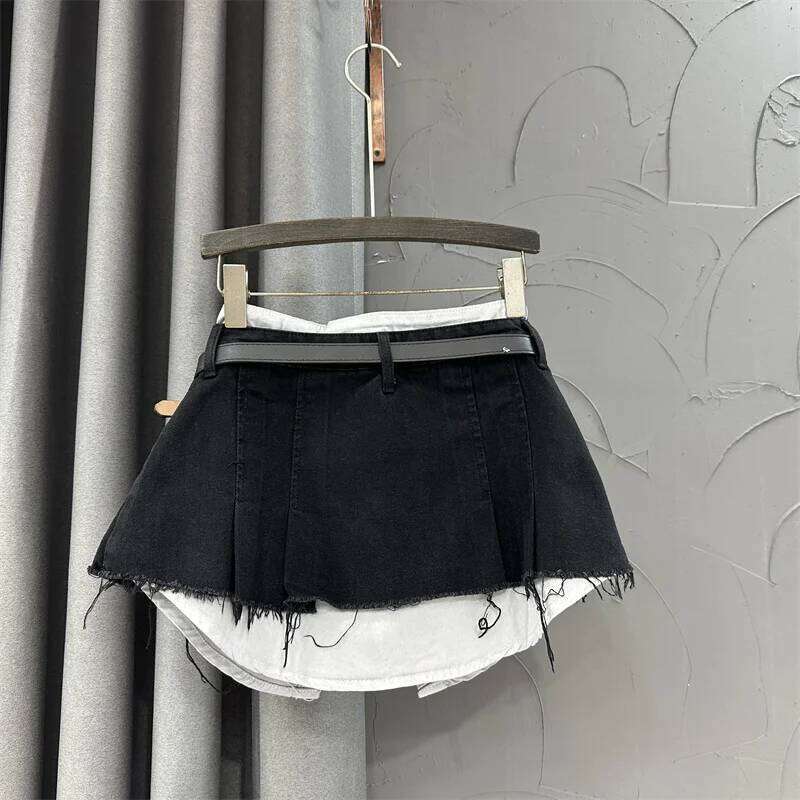 Trend Contrast Color Patchwork Denim Skirt Women Hem Burrs High Waist Loose Wrap Hip Skirts Female 2023 Spring New Z260314