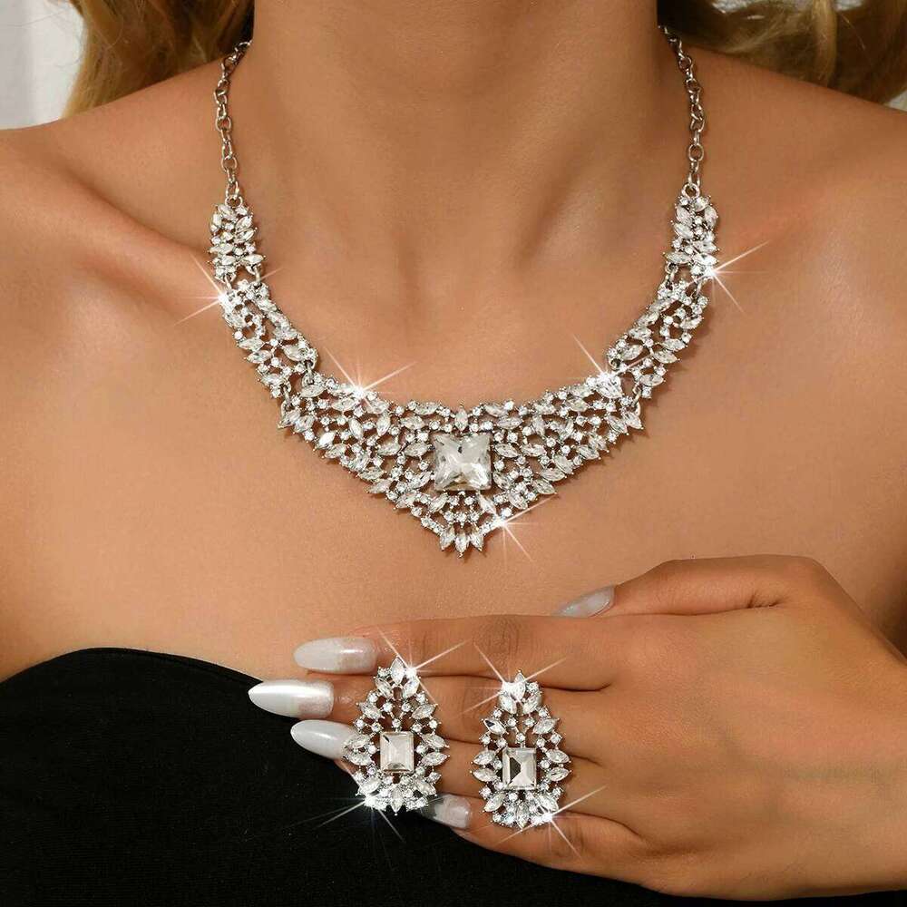 European American retro inlaid crystal necklace earring women's 2-piece set, luxurious jewelry with leaves and flowers Z260313