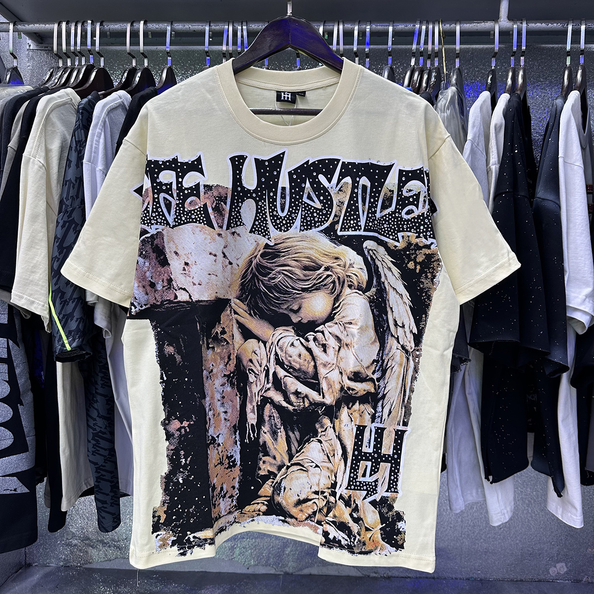 Life Hustlers Mens Summer Designer Graphic Tee with Rhinestones High Quality Streetwear Y2K Style Hip Hop Loose Fit Shirt Available in S to XL