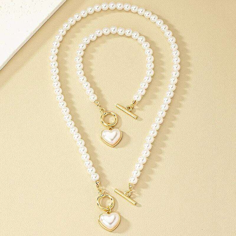 KMVEXO 2pcs Elegant Pearl Heart Pendant Necklaces Bracelet Set Women Imitation Pearls Chain OT Buckle Korean Jewelry Sets Girls Z260313