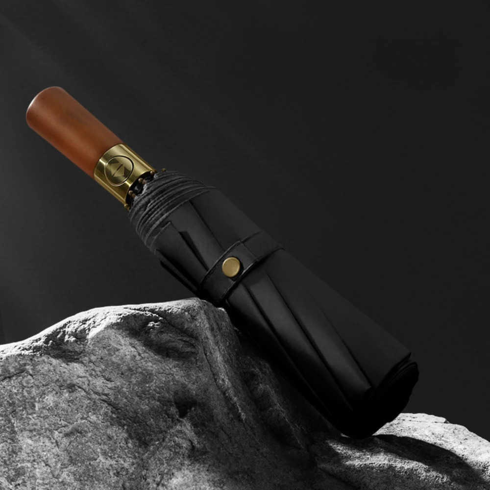 Fully Automatic Wooden Handle Umbrellas Men Foldable Black Business High End Wooden Handle Umbrella For Both Sunny And Rainy Use H260314
