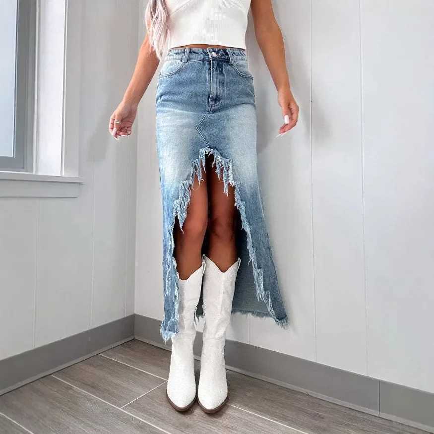 Irregular Denim Skirt Women Vintage Y2k Tassels High Waist Streetwear 2025 Skirts Washed Pockets Sexy Long Skirts Party Club M260314