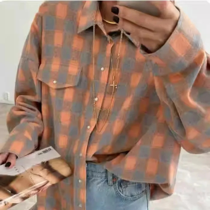 Autumn Plaid Loose Long Sve Womens irt Vintage Sle Street Faion Cotton Material Button Closure Inner Wear 260311