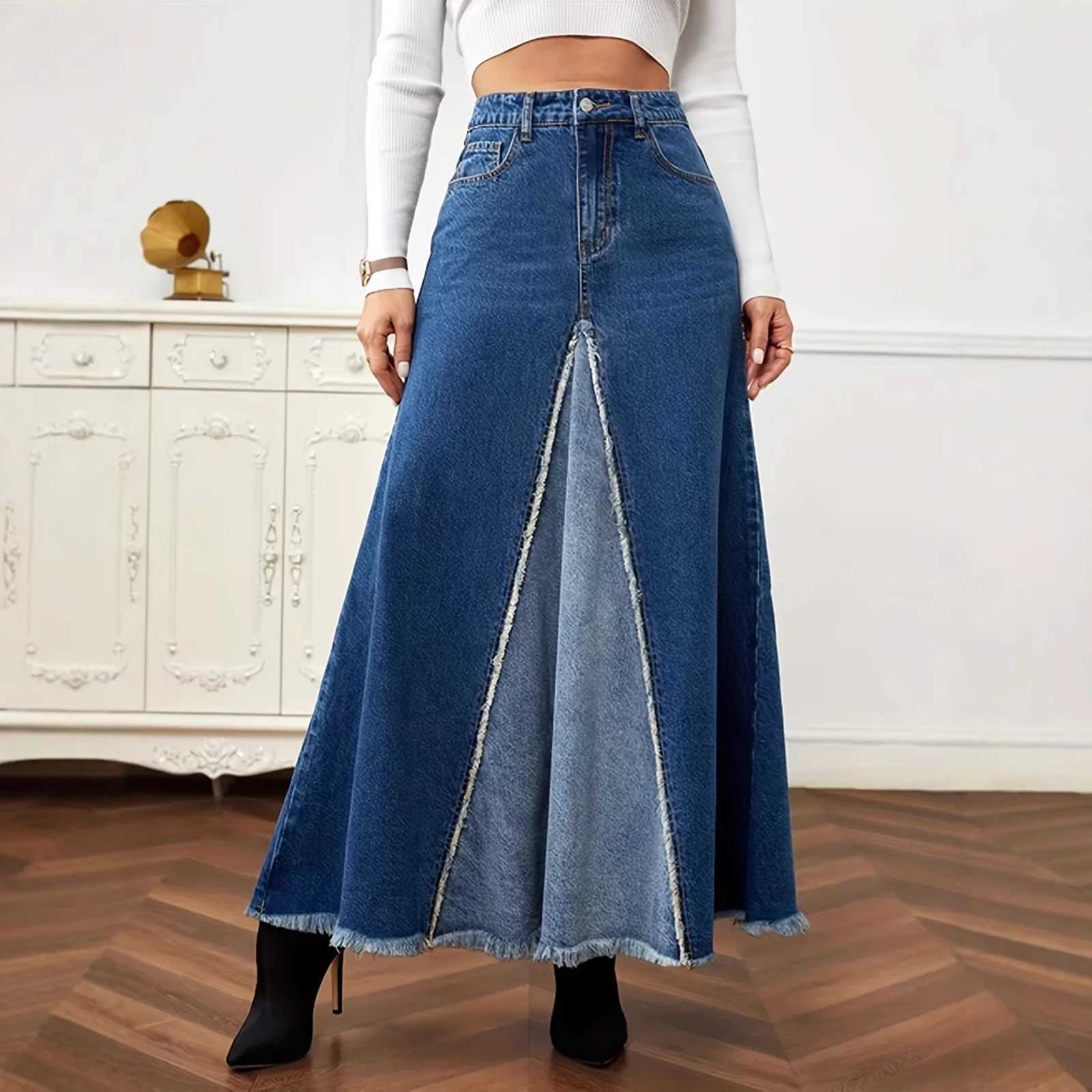 Boho Long Denim Skirts for Women Flowy High Waist Button Down Ruffled A-line Jean Casual Maxi Skirts with Pockets M260314