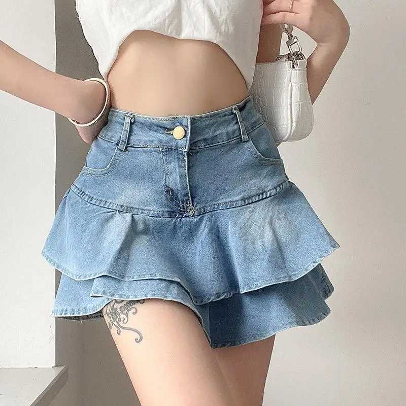 Y2K Vintage Denim Skirt Women Summer Fashion High Waist A-Line Wash Blue Slim Sexy Hot Mini Jeans Ruffle Short Skirt Female M260314
