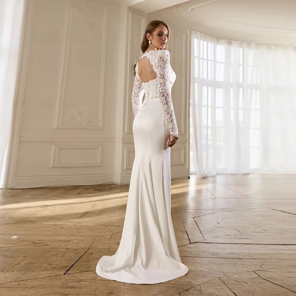 Classic Long Sleeves Mermaid Wedding Dresses Lace Satin Chic Bridal Gowns Open Back Sweetheart Neckline Corset Bride Dress