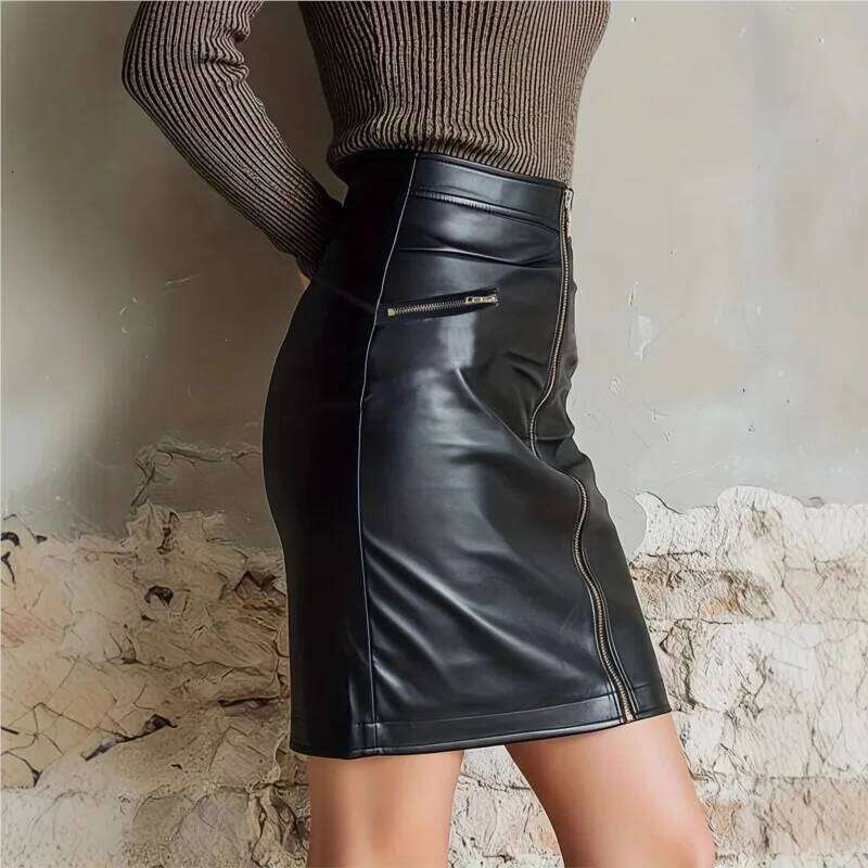 Sexy High Waist PU Leather Autumn 2025 Elegant Zipper Pocket Short Women Black Mini Skirt Z260314