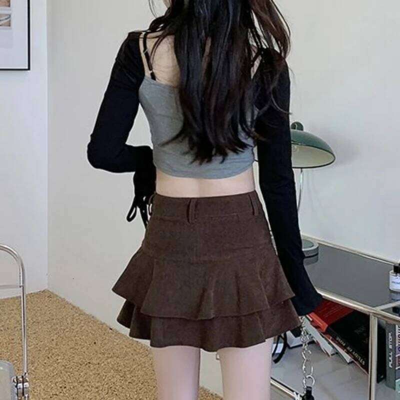 Corduroy Mini Skirts Women Ruffles Solid High Waist Cute Sexy Preppy Retro Style Y2k Clothes Harajuku Korean Fashion Chic Z260314
