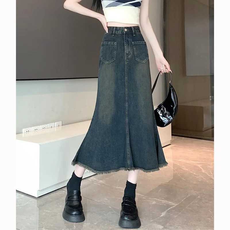 Summer Women High Waist Slim Fit Jeans Skirts s Classic Thin Mid-Long Skirts Lady Chic Korean Raw Edge Denim Dress M260314