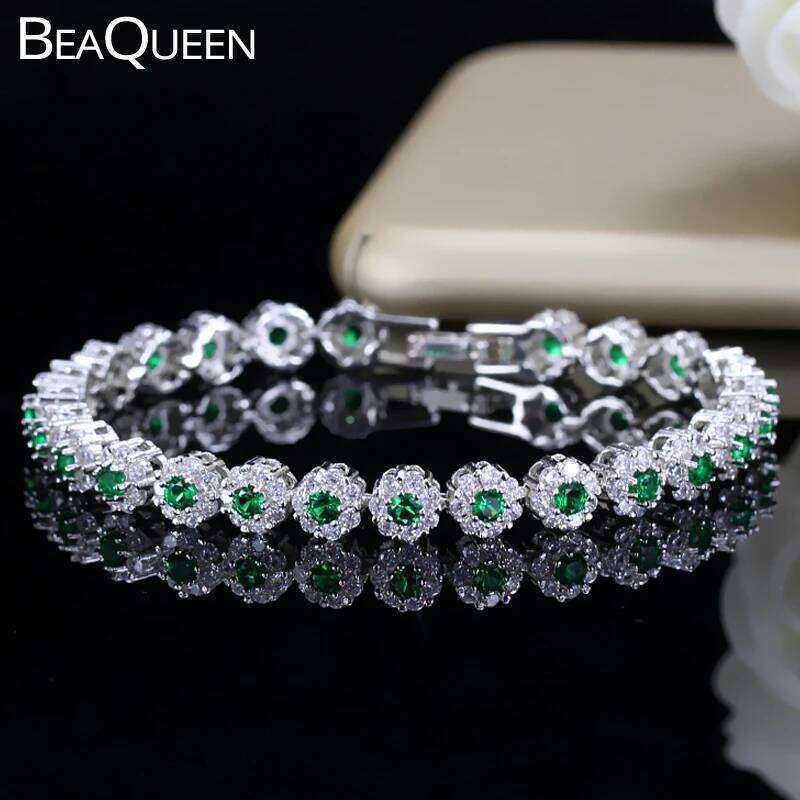 BeaQueen Trendy Green and White Cubic Zirconia Stone Silver Color Tennis Bracelets Dress Jewelry Accessories Gift for Women B100 Z260313