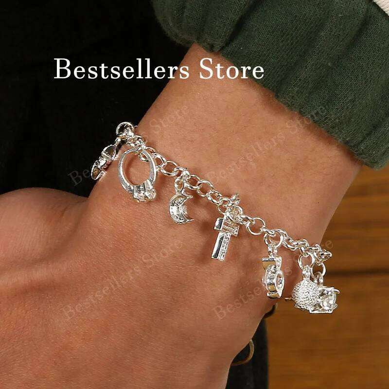925 Sterling Silver 8 Inches Star, Moon, Zircon, Cross Bracelet Fashion Women's Charm Elegant Gift Jewelry Z260313