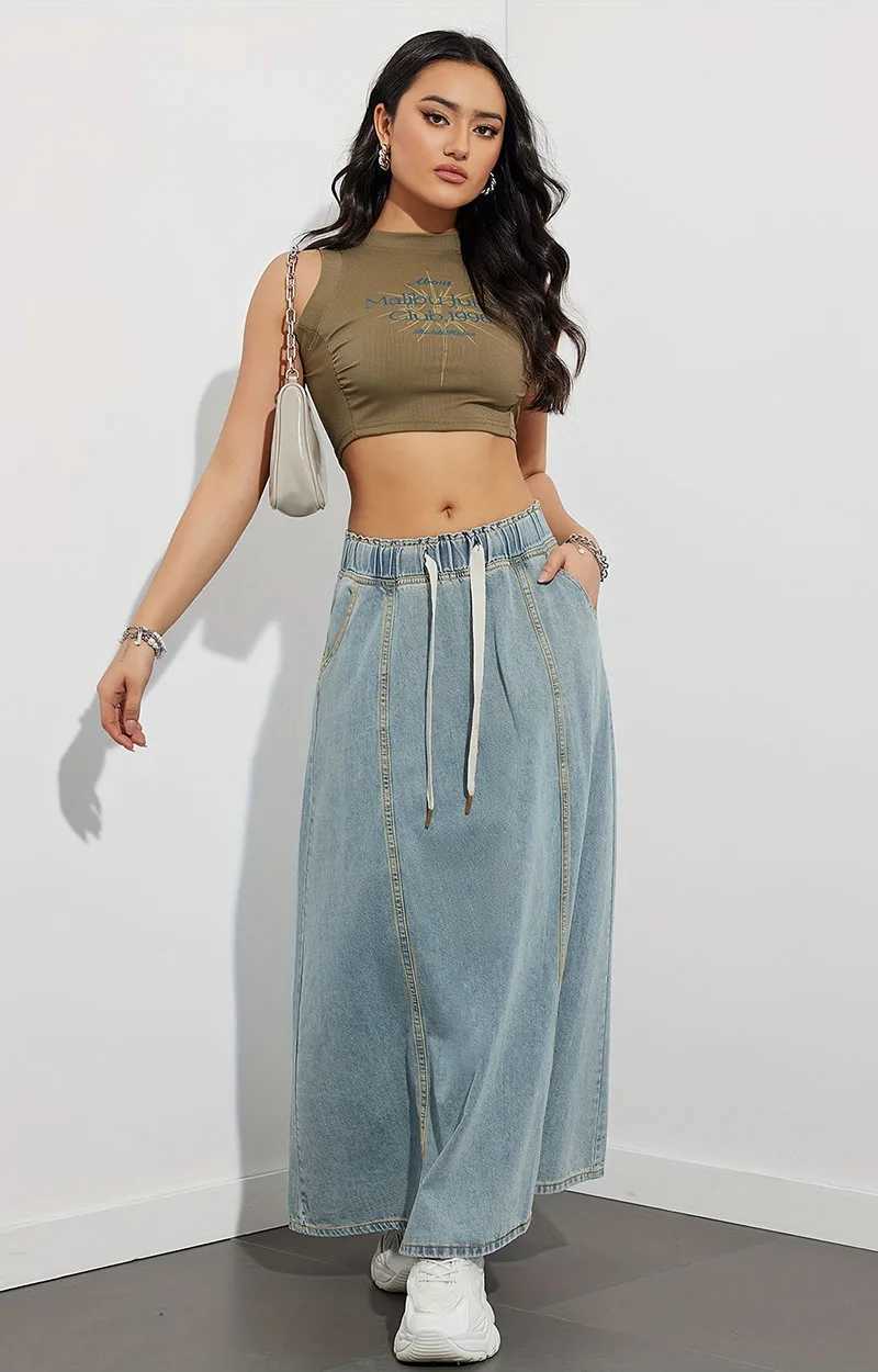 DongCMY Womens Denim Long Skirts Elastic Waist Loose Solid Color High Waist Big Skirt Denim Skirt Women Casual Dress Streetwear M260314