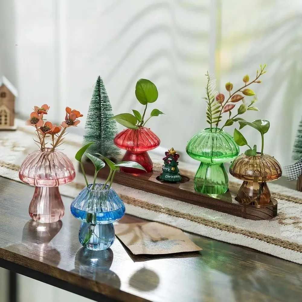 Mushroom Glass Planter Vase with Wooden Base Cute Indoor Greenery Plant Propagation Stations FlowersHydroponics Home Decor Y260314