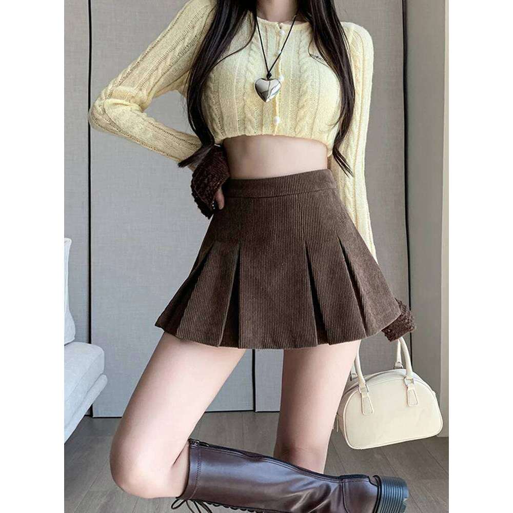 American Retro Autumn Winter Corduroy Short Pleated Skirt Woman College Style Sweet Y2k Mini Skirts Female Z260314