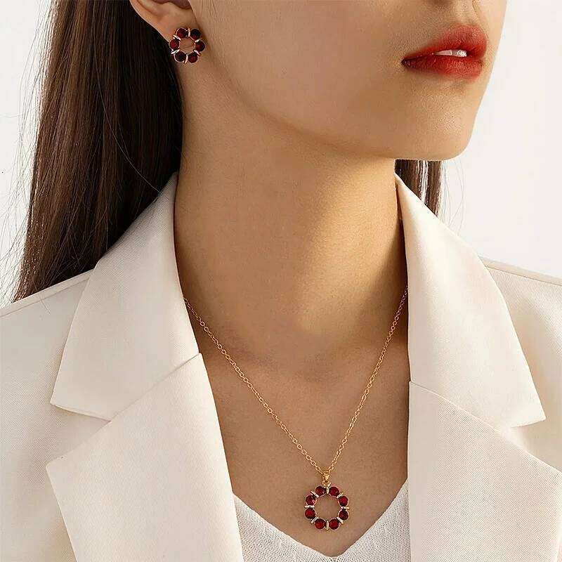Summer Necklace Earrings Exquisite 2-Piece Set For Women | Model Minimalist Fashion Style Glass Inlaid Circular Jewelry Z260313