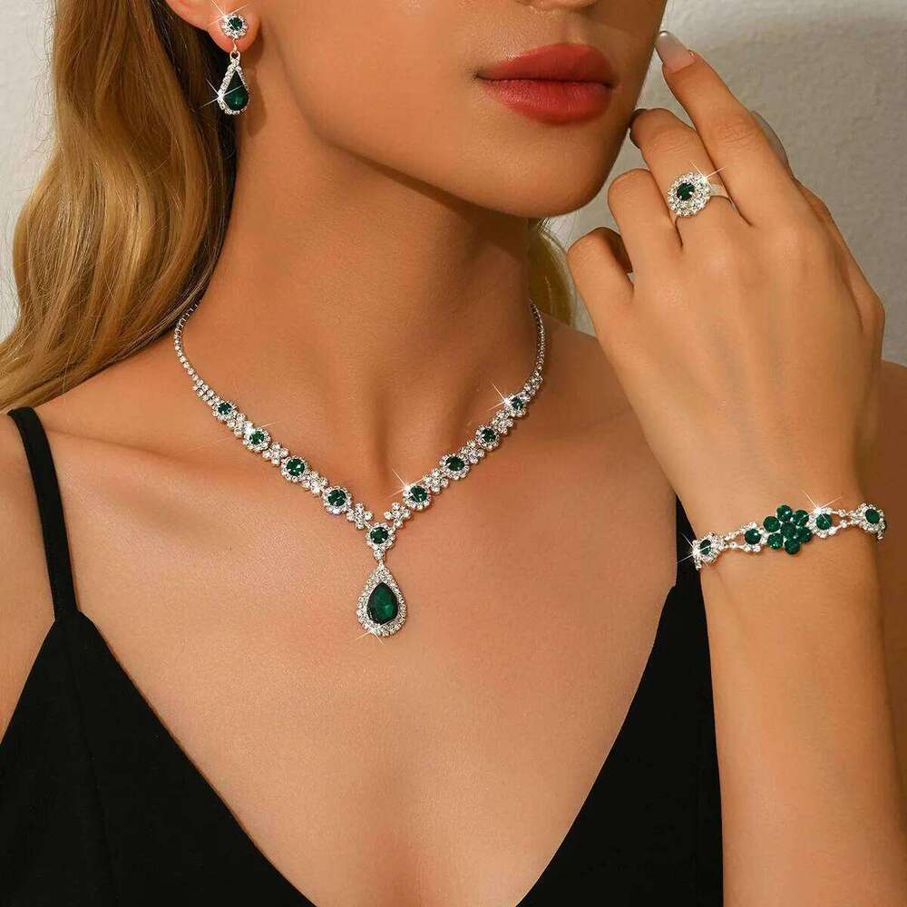 Hot Sale Blue & Green Crystal Jewelry Set - Bridal Wedding Party Necklace Bracelet Earrings Ring Gift for Women Z260313