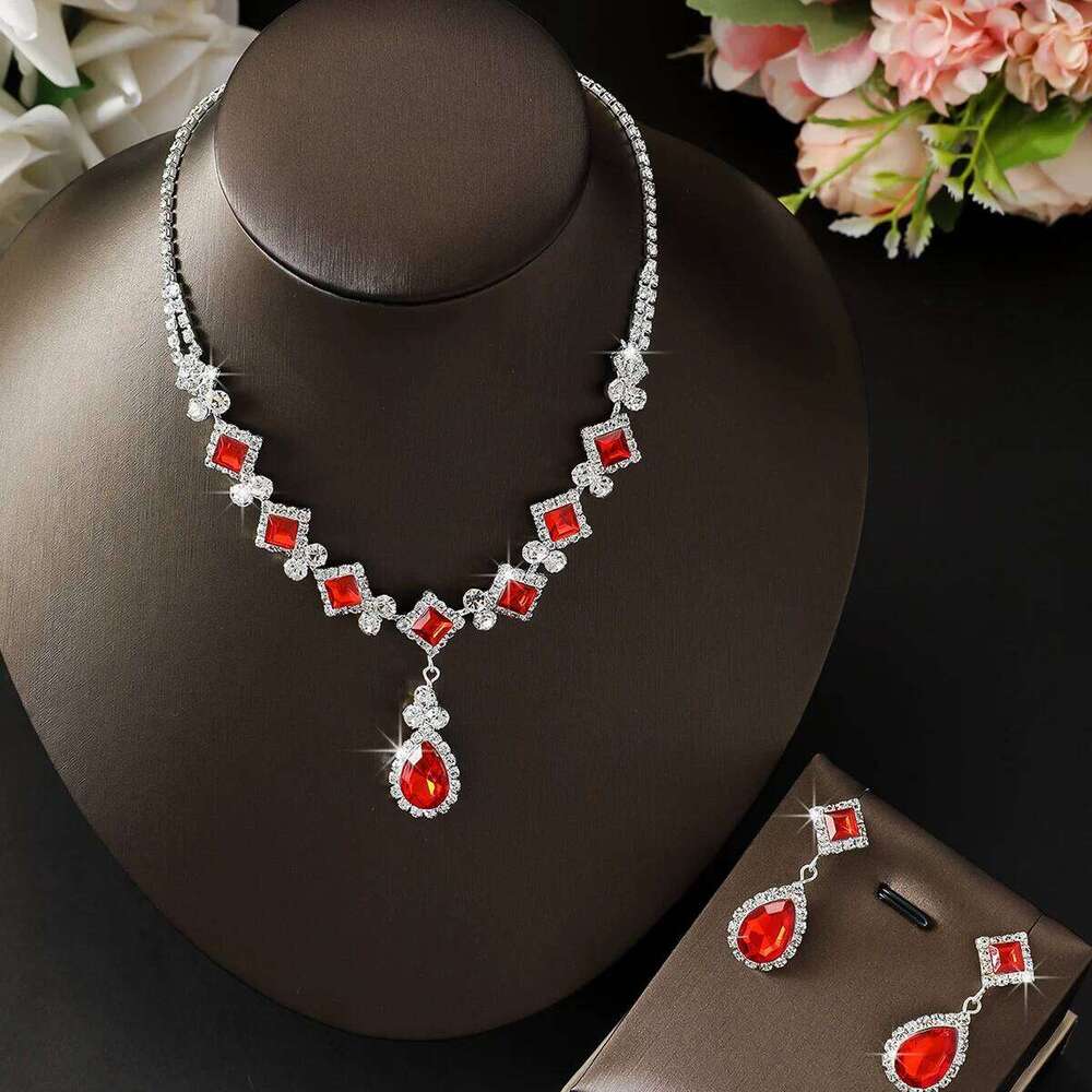 Red Crystal Choker Necklace Earrings Set Teardrop Pendant Silver-Plated Jewelry for Wedding Evening Party Prom Bridal Gift Z260313