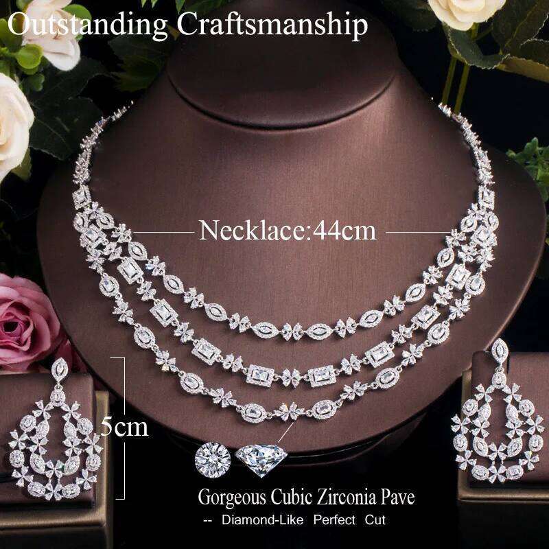 ThreeGraces Brilliant White Cubic Zirconia 3 Layers Big Nacklace Earrings Bridal Wedding Engagemen Jewelry Set for Women TZ542 Z260313