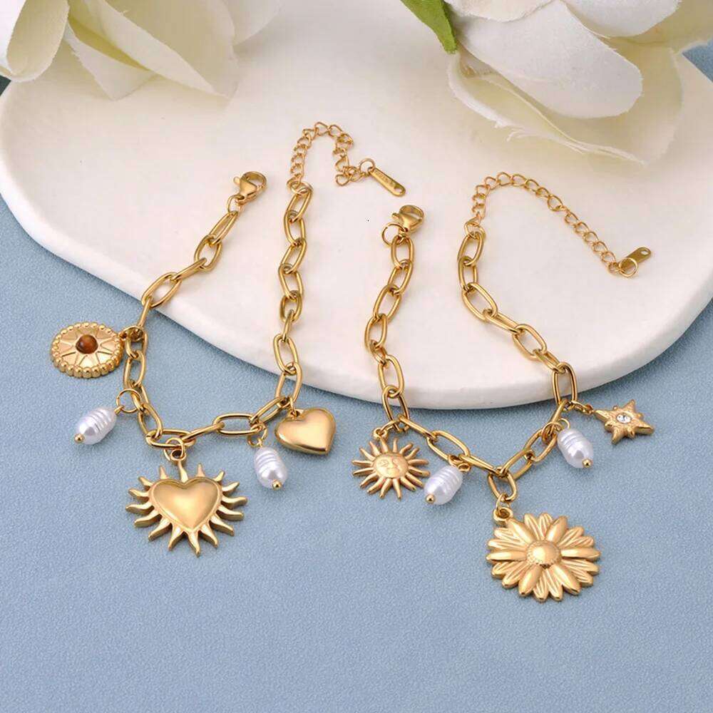 Lokaer Stainless Steel Sun Star Flower Pearl Charm Bracelet for Women Waterproof 18k Gold Plated Wrist Chain Party Gift B25105 Z260313