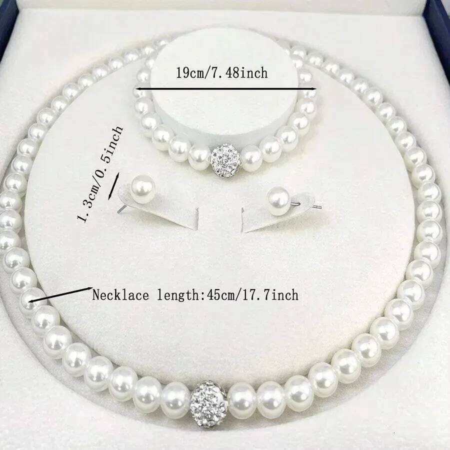 3 PCS Imitation Pearl Fireball Necklace Bracelet Earring Stud Set Silver Color Crystal Stone Elegant Bridal Jewelry Gift Z260313