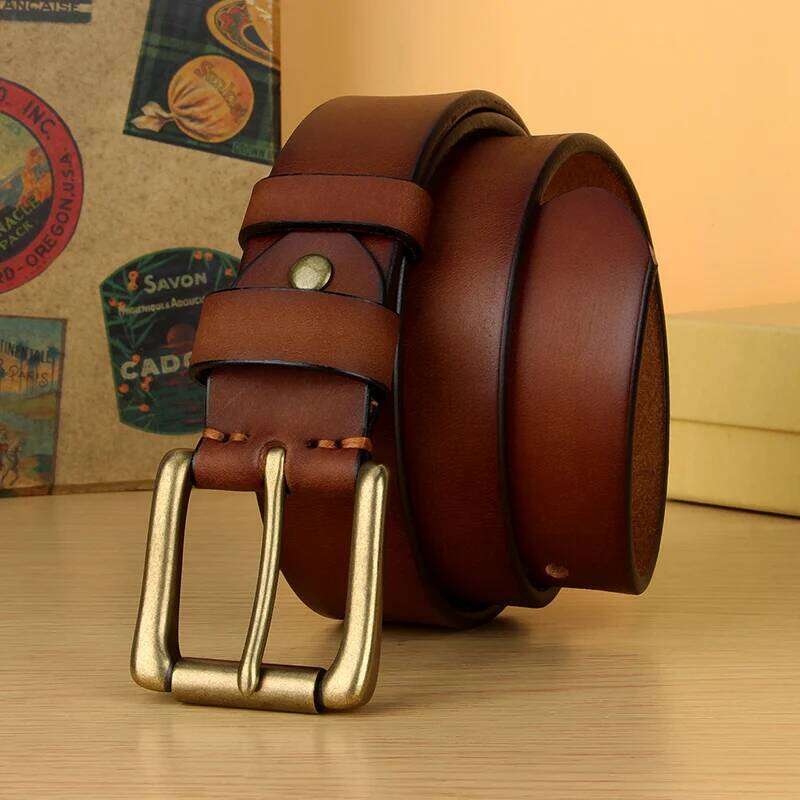 5mm Thicken Full Grain Leather Heavy Duty Work Mens High Hardness Solid Brass Pin Buckle Brown Belt Z260226