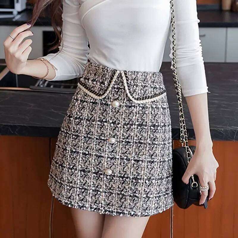 Whisper Printing Autumn Winter New Korean High Waist Plaid Western Style Irregular Button Comfortable All-match Mini Skirt Z260314