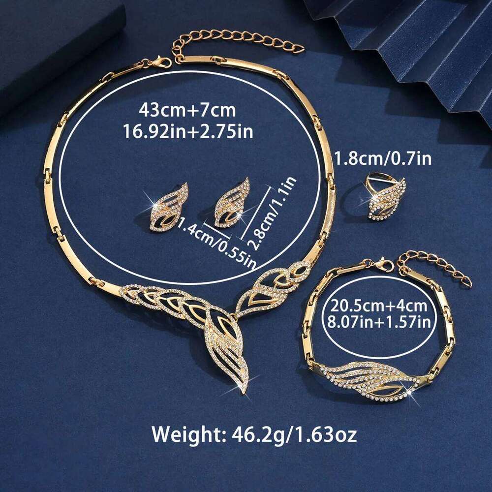 Luxury Gold Leaf Pattern Jewelry Set Women's Necklace Earrings Ring Bracelet 4pcs Shiny Party Wedding Statement Accessories Z260313