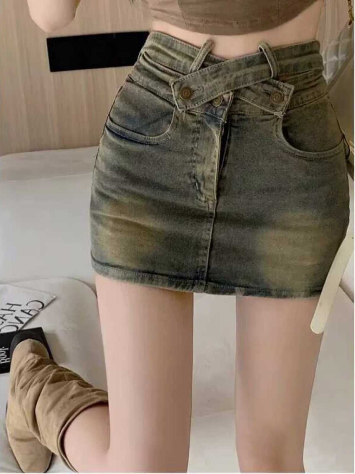 American Retro High Waist A-Line Skirt Womens Denim Elastic Waist Slimming Skirts for Summer Commute Wear Resistant M260314