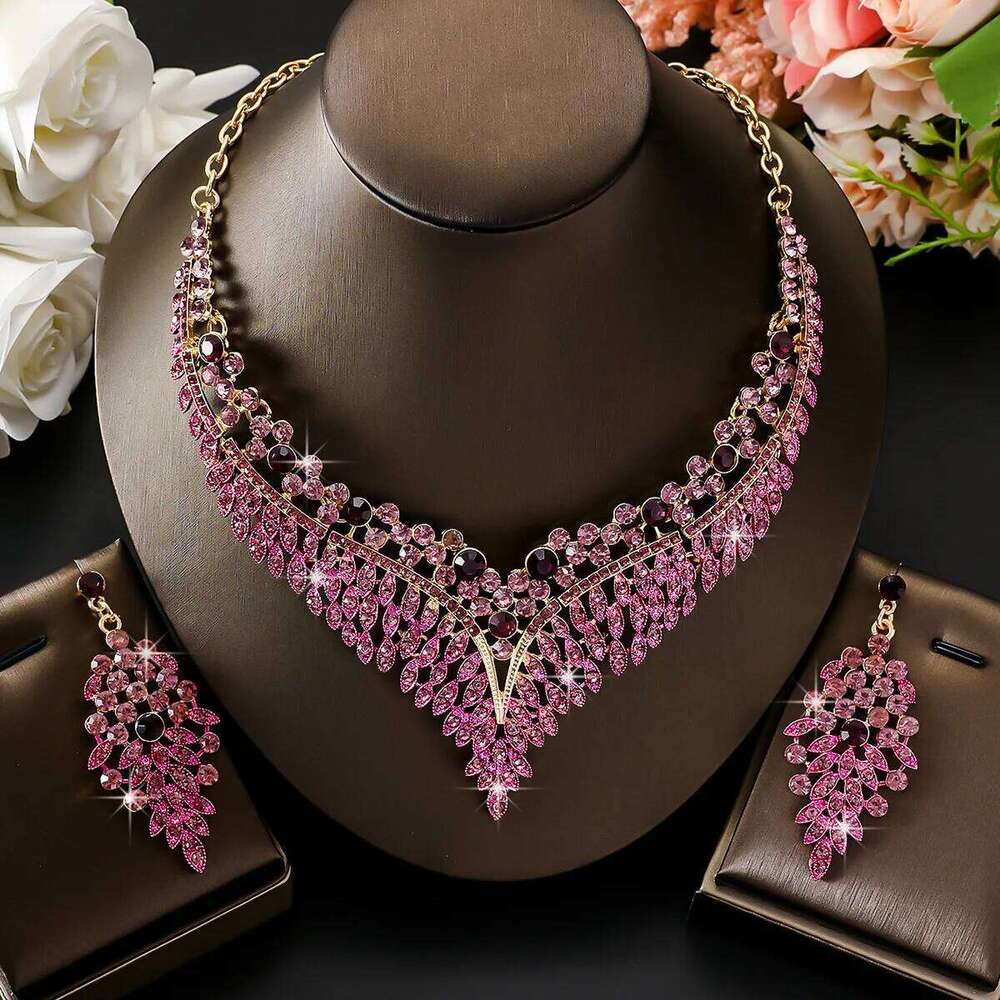 Champagne Crystal Statement Jewelry Set V-Neck Necklace Drop Earrings Bridal Wedding Prom Evening Party Glam Accessories Z260313