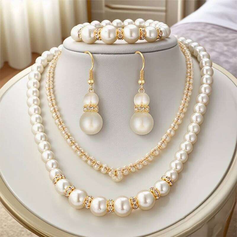 3in1 Set Elegant Simulated Pearl Earrings Bracelet Long Necklace Women Bridal Wedding Jewelry Gift Z260313