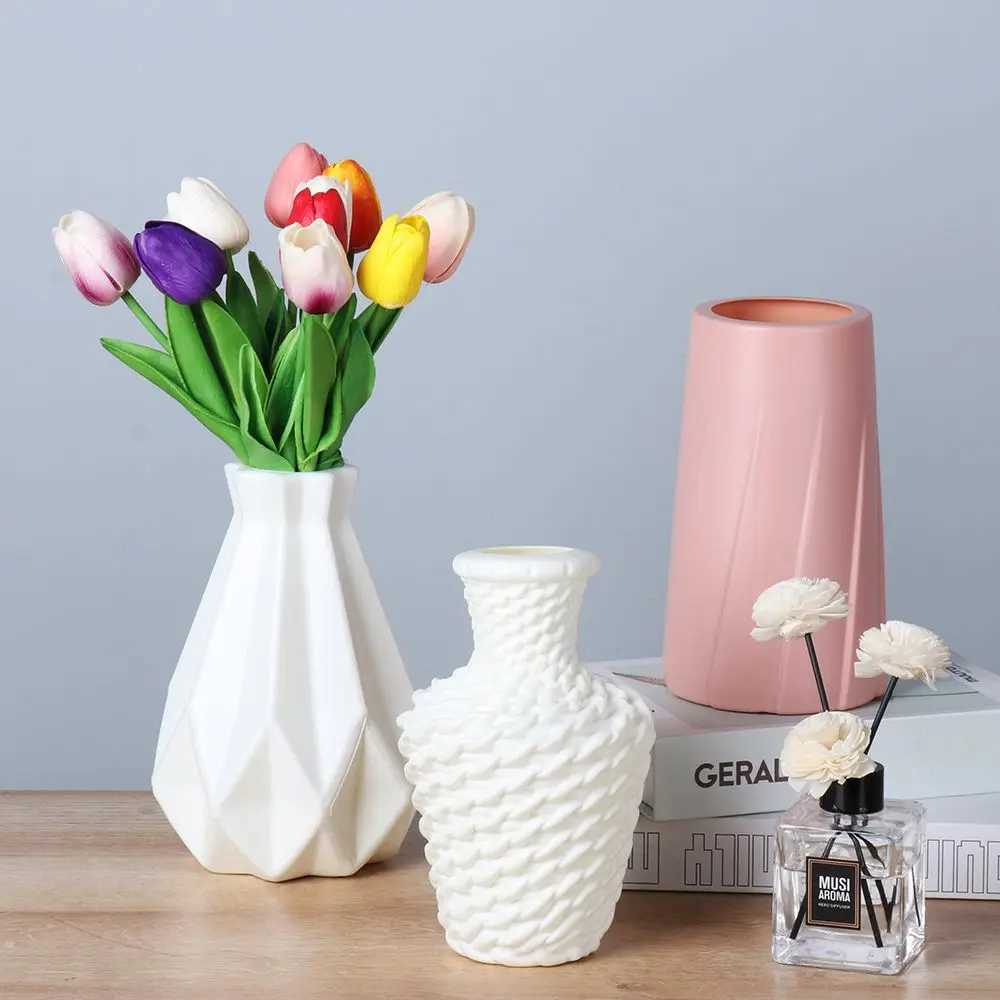 Modern Flower Vase Home Decoration Flower Arrangement Living Room Plastic Nordic Style Imitation Ceramic Flower Pot Y260314